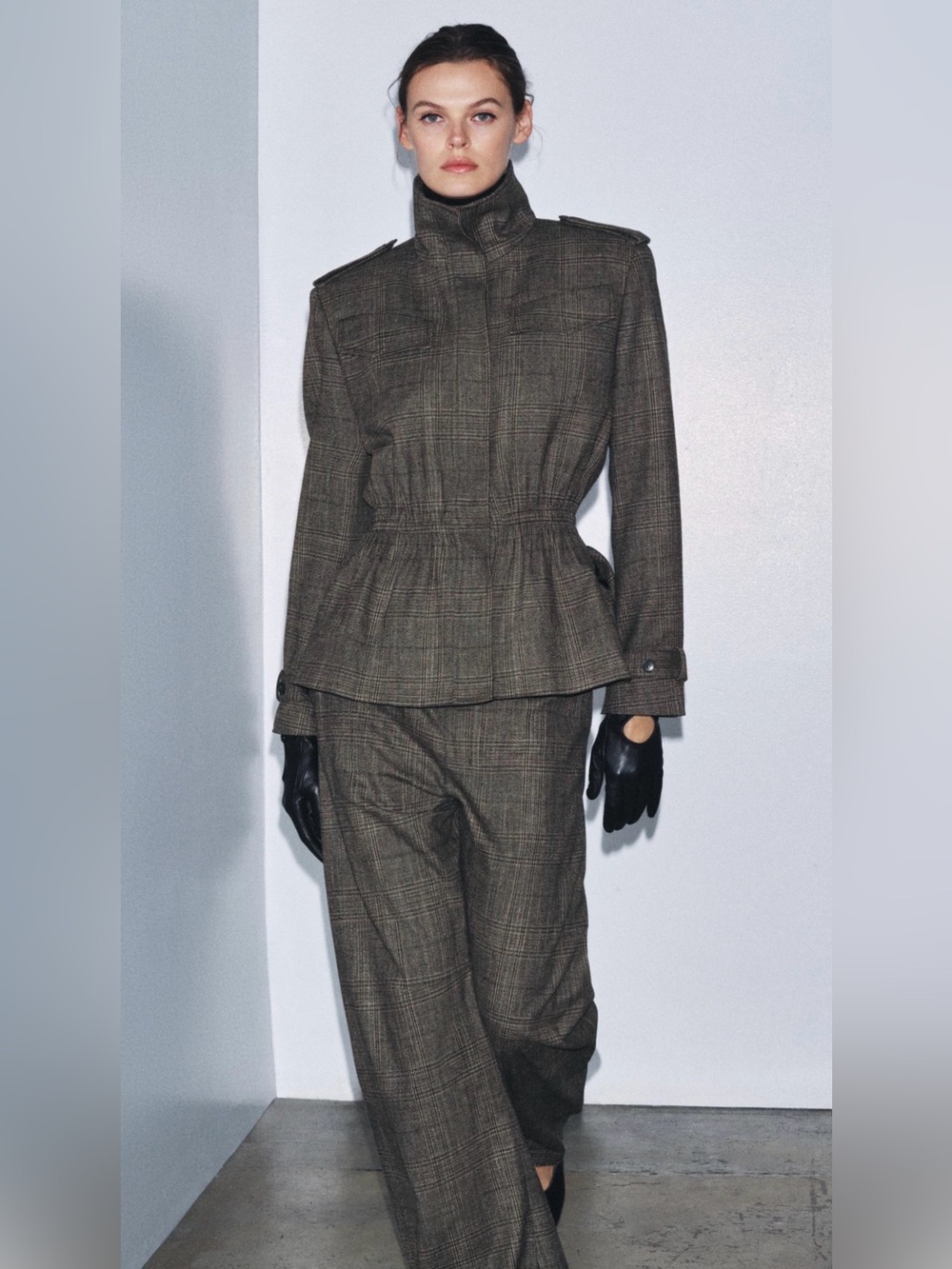 Zara Brown Plaid Stand-Collar fully lined Pea Coat